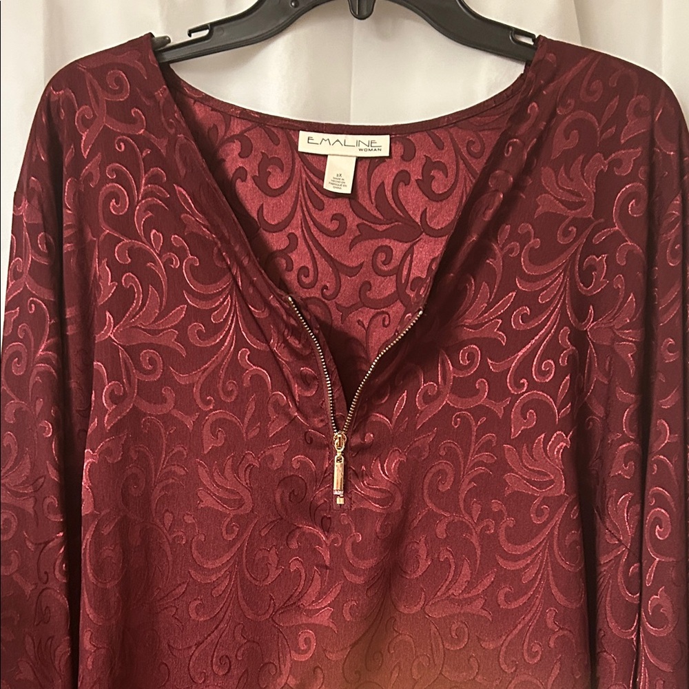 Emaline woman new polyester Burgundy Patterned Blouse with‎ Zip Detail. Size 2x - Picture 4 of 14
